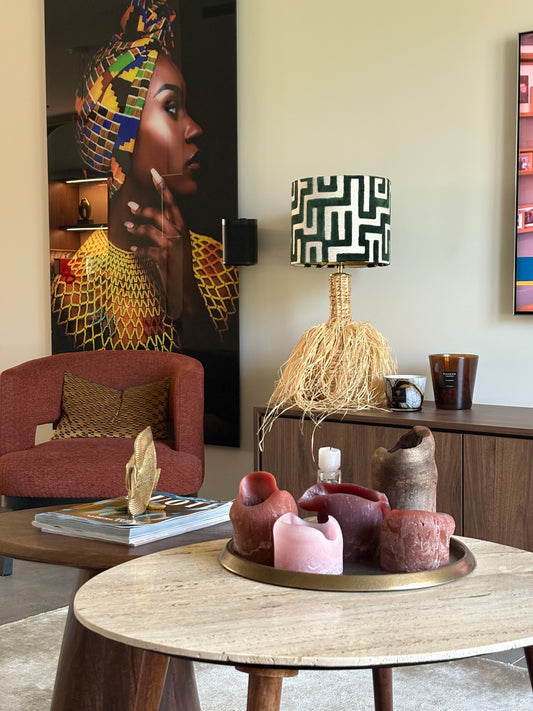 Lamp rotan met franjes en donkergroene jacquard kap