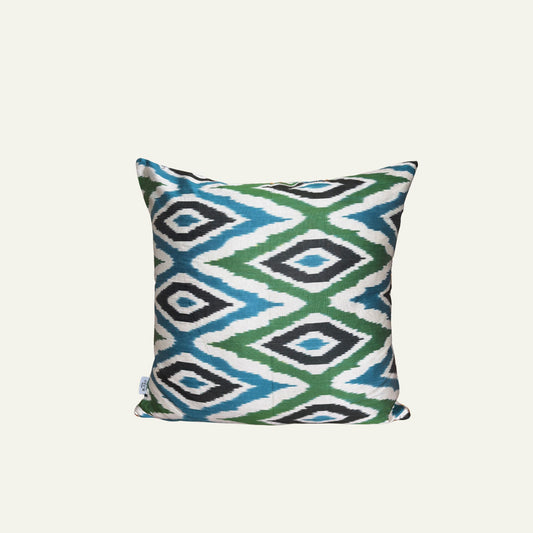 Zijde Kussen Blauw Oranje Velours x Groene Ikat