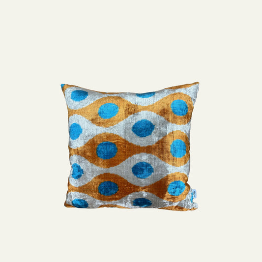 Zijde Kussen Blauw Oranje Velours x Groene Ikat