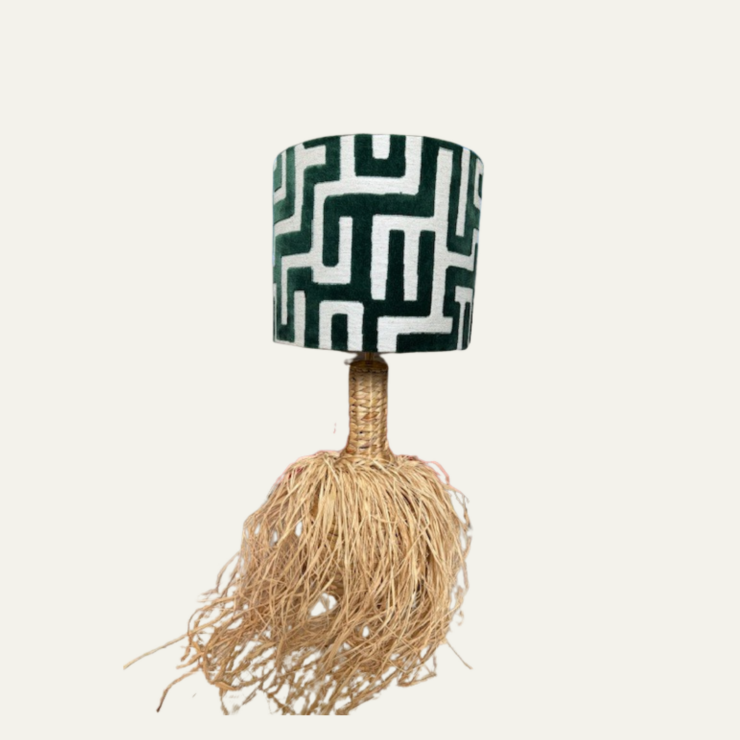 Lamp rotan met franjes en donkergroene jacquard kap