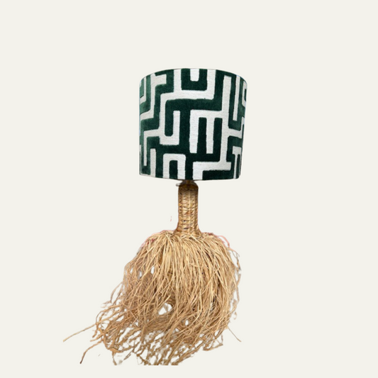 Lamp rotan met franjes en donkergroene jacquard kap